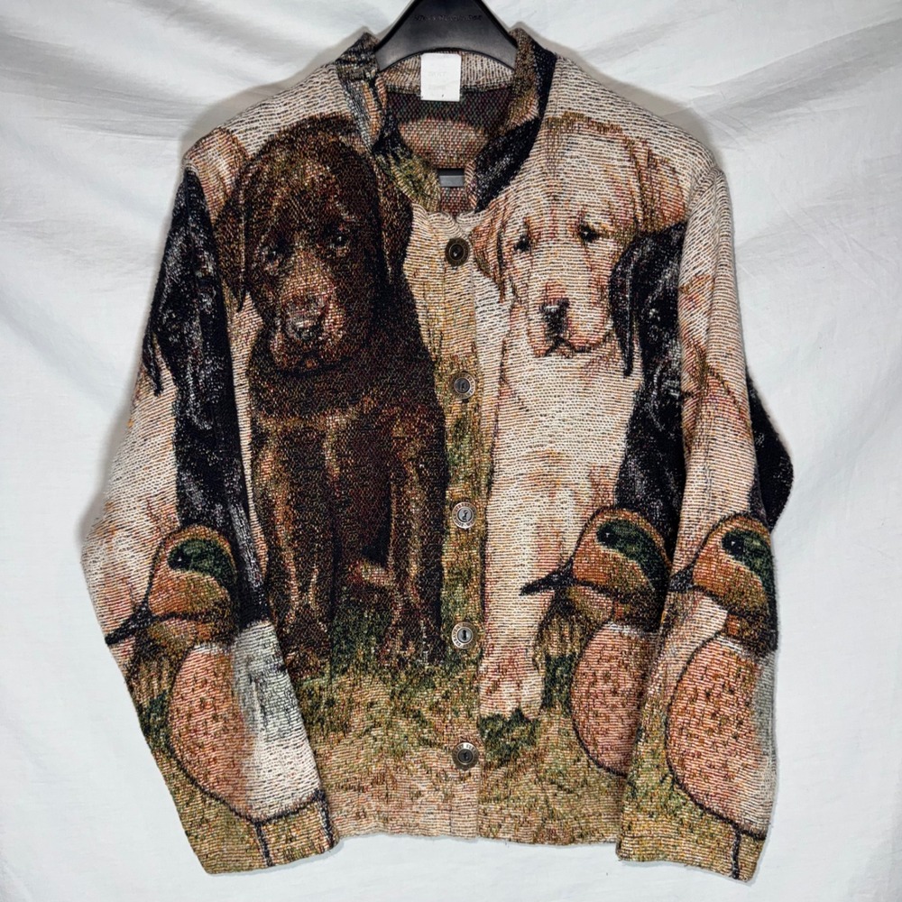 Vintage Sugar Street Weavers Tapestry Jacket Womens Small Dogs Ducks Cotton USA